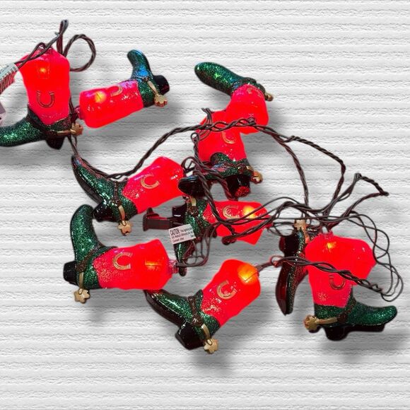 Vintage Western Cowboy Boot Christmas String Lights Tested Working Glitter Boots - Picture 2 of 5
